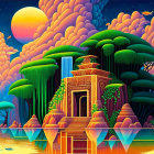 Fantastical landscape with temple, lush foliage, sun, water body, and stylized mountains