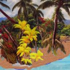 Tropical beachscape painting with palm trees, volcano, and blue sea