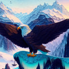 Detailed feathers on majestic eagle perched in snowy landscape