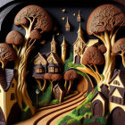 Intricate paper art of whimsical village in warm tones