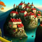 Fairytale village on rocky cliffs with medieval-style houses and serene river at dusk