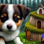 Adorable puppy and fantasy treehouse in mystical forest