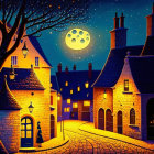 Moonlit village with cobblestone streets and cozy houses at night