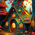 Colorful digital artwork: Whimsical tree village with intricate houses and autumn foliage