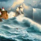 Stormy Sea Painting: Waves Crashing on Cliffs, Lighthouse, House, Cloudy Sky