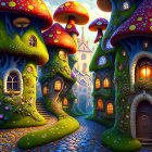 Colorful Mushroom Houses in Whimsical Village at Twilight