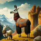 Llamas with South American adornments on mountain terrain