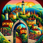 Colorful village scene with leopard in circular frame