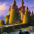 Majestic castle with spires, lush greenery, river, black swan, and mountains