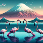 Pink flamingos in water with Mount Fuji and birds in pastel sky