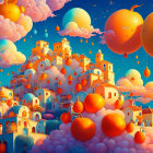 Colorful landscape with floating spheres and oversized fruits above a cloud-covered village