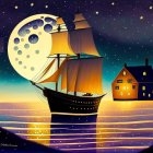 Stylized ship sailing at night with crescent moon and stars