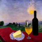 Classic Still Life Painting with Red Grapes, Cheese, Wine Bottle, and Glasses