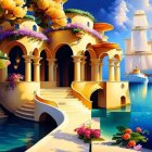 Mediterranean-style villa by the sea at sunset with flowers, archways, sailboats,
