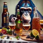 Realistic painting of a chimpanzee with beer, whiskey, and citrus fruits