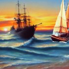 Tall ships sailing on rolling sea waves at sunset with seagulls flying under colorful sky
