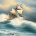 Majestic sailing ship on tumultuous sea under dramatic sky