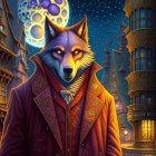 Anthropomorphic wolf in purple Victorian coat with fantasy town backdrop and large moon