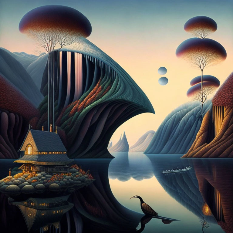 Surreal landscape with mushroom-like trees, house, lake, hills, boat, bird, and