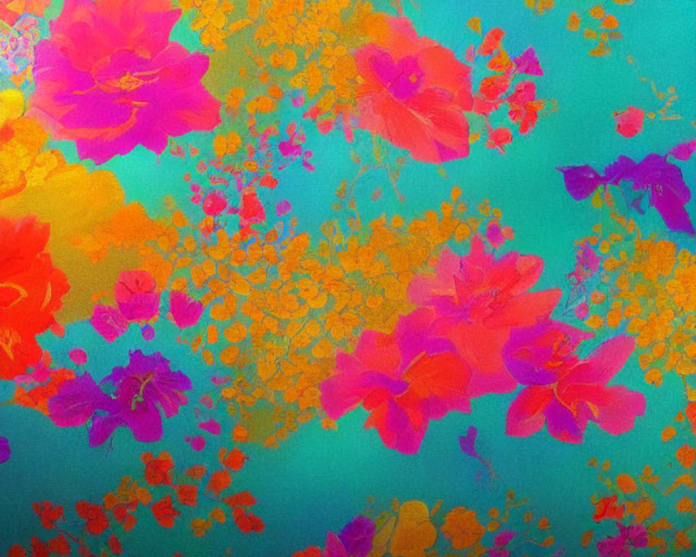 Colorful Abstract Floral Pattern with Pink and Orange Flowers on Turquoise Background