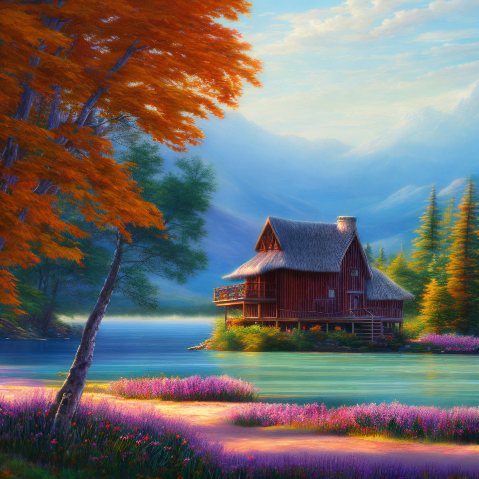 Scenic wooden cabin near lake with autumn trees and purple flowers