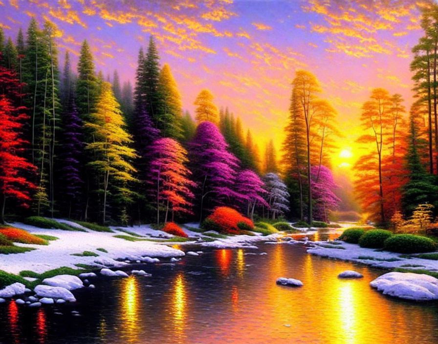 Multicolored foliage in vibrant forest by river at sunset