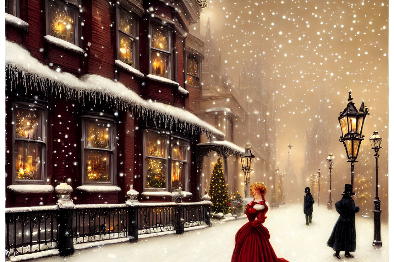 Victorian Christmas scene with snowy street and festive decorations