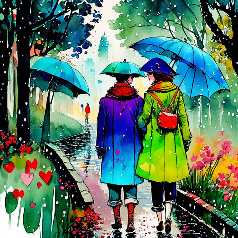 Colorful rainy street scene with two people and umbrellas, vibrant flowers, clock tower