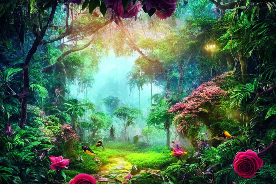 Enchanting forest with vibrant flowers, lush greenery, misty atmosphere, glowing lights, and