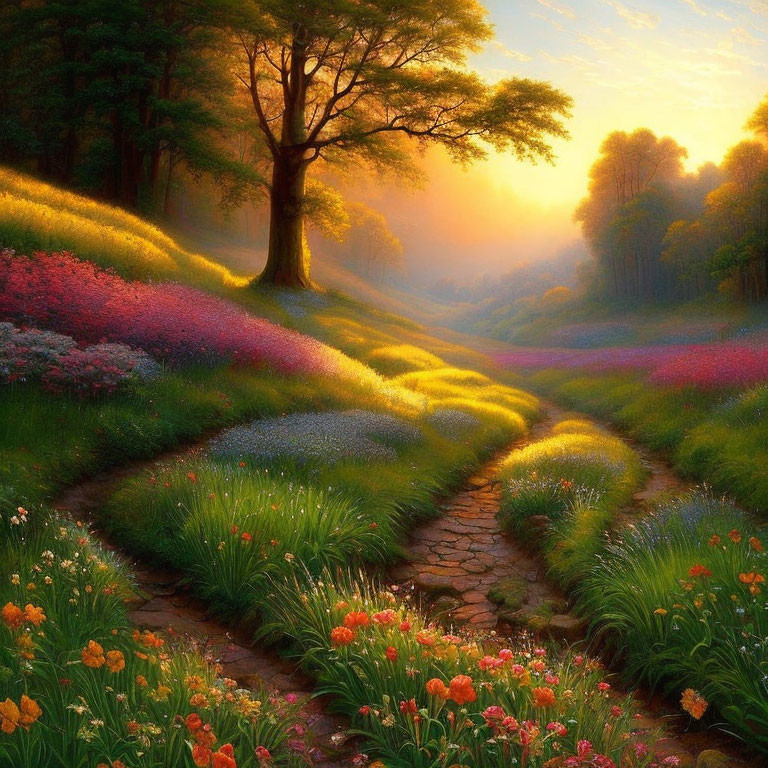 Sunset landscape with flower-filled path and trees