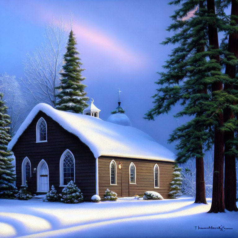 Snowy Landscape: Wooden Church & Snow-Laden Trees at Twilight