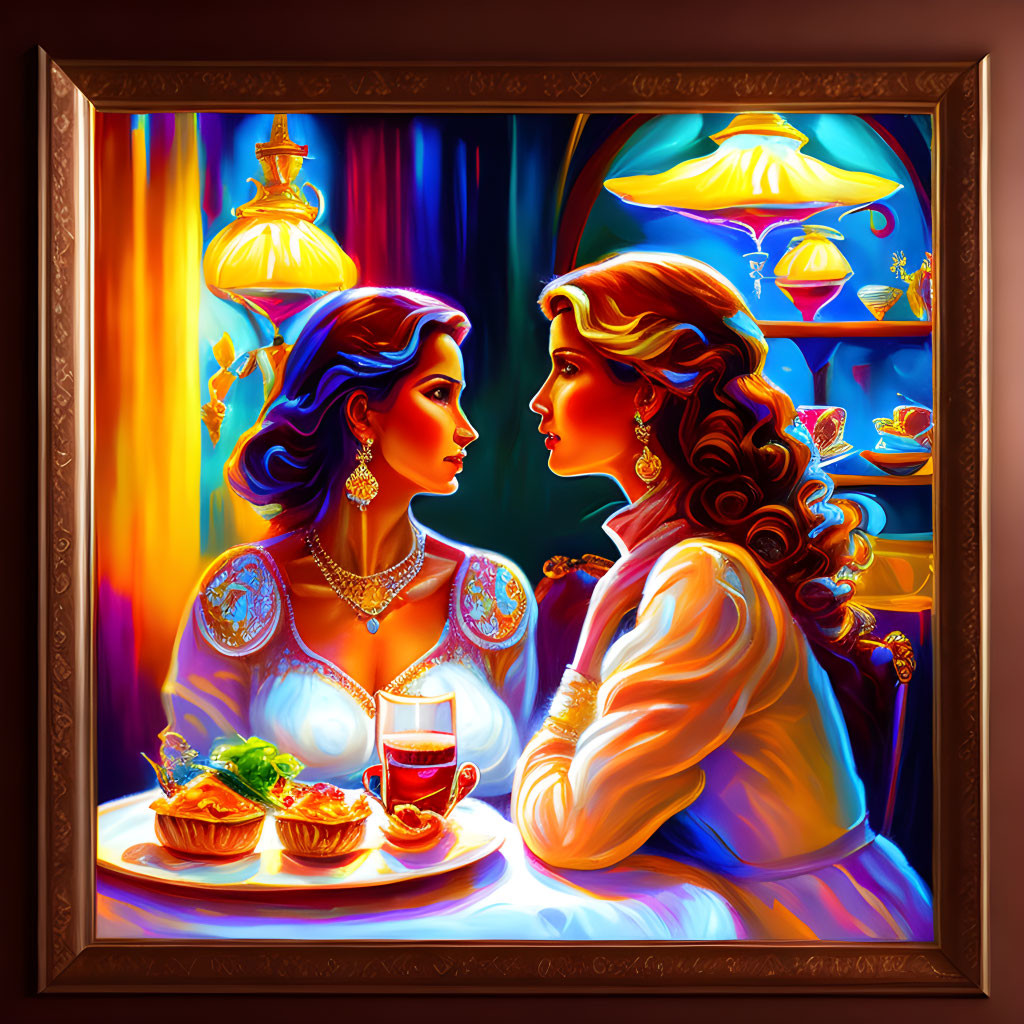 Vibrant painting of two women with ornate lamps and tea table