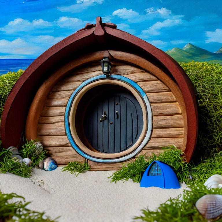 Miniature wooden house with barrel-shaped door on sandy beach with seashells, painted ocean and mountains