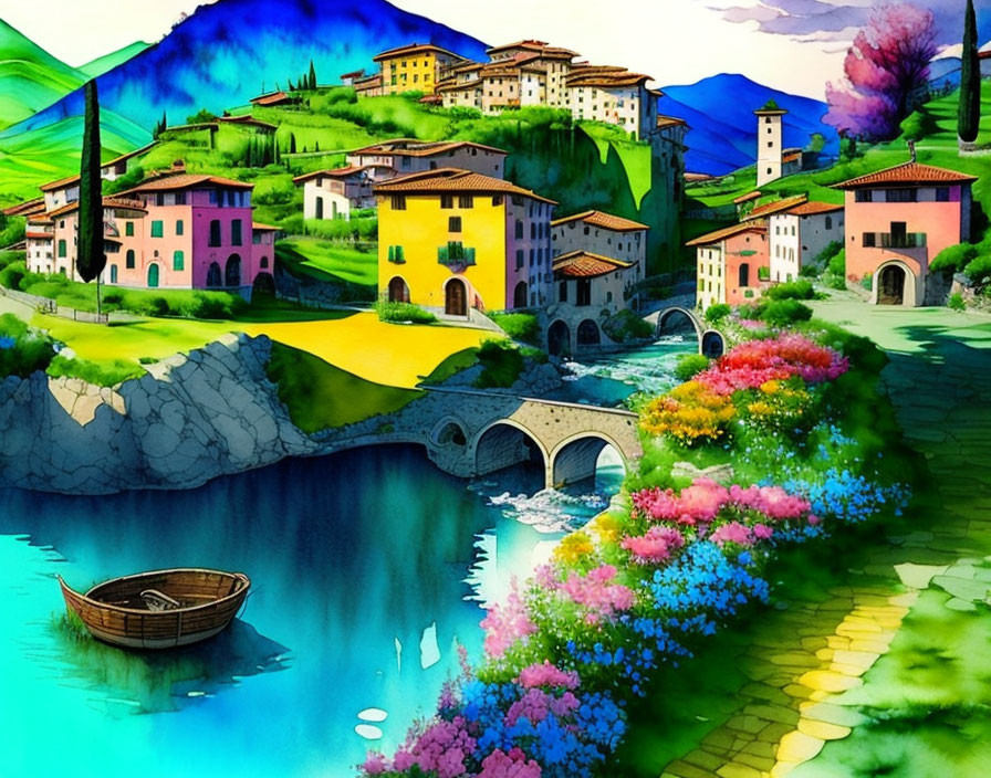 Vibrant village scene with rolling hills, stone bridge, river, boat, and flowers
