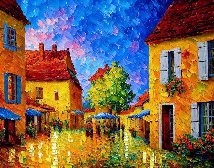 Colorful European Village Street Oil Painting with Cobblestone Path