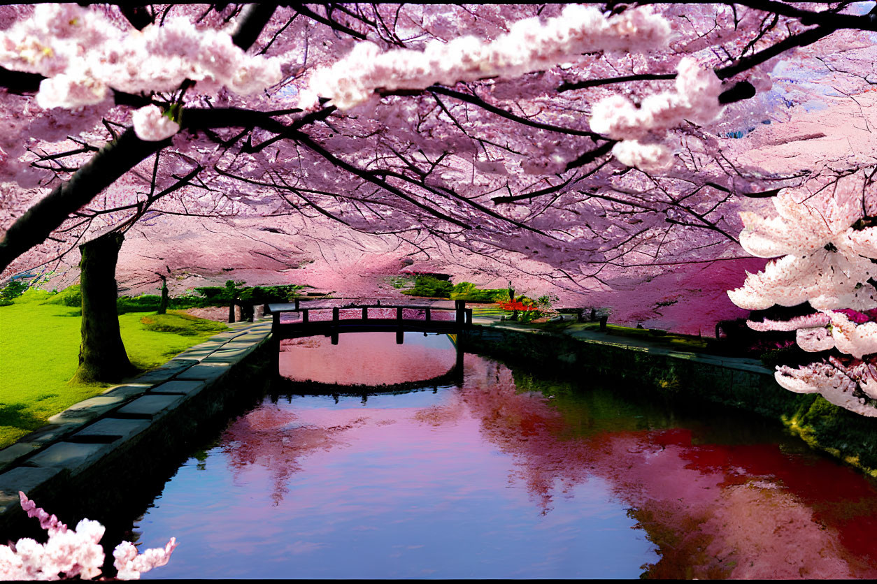 Tranquil pond with vibrant cherry blossoms and wooden bridge