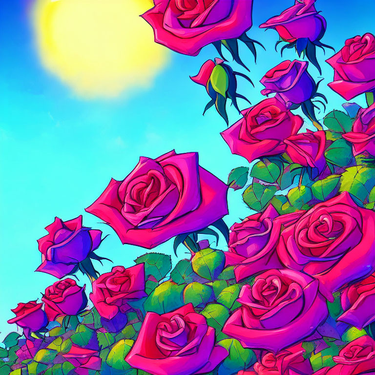 Colorful pink and purple roses on a blue sky background with a yellow sun