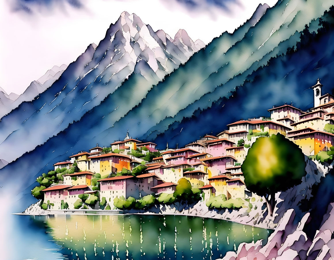 Colorful village by tranquil lake with mountains