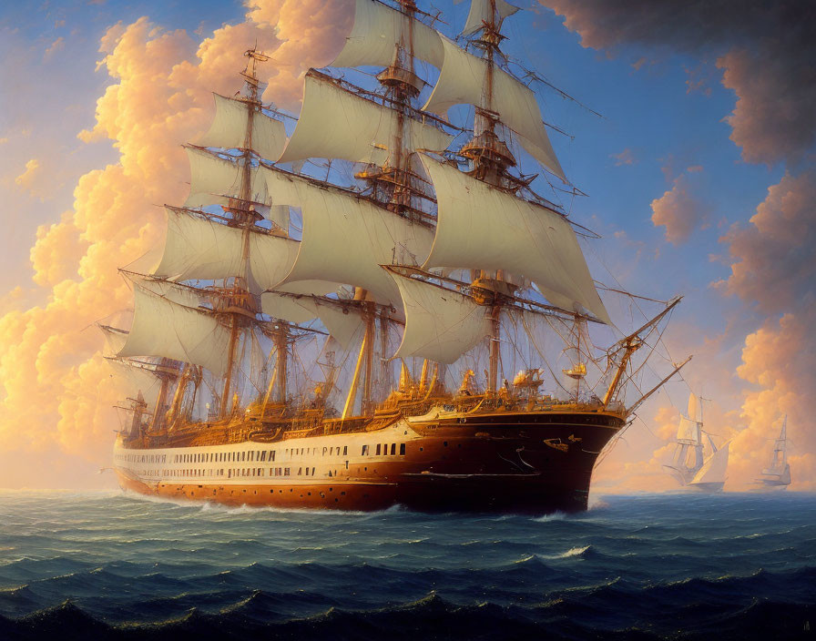 Majestic tall ship sailing on ocean under golden sky