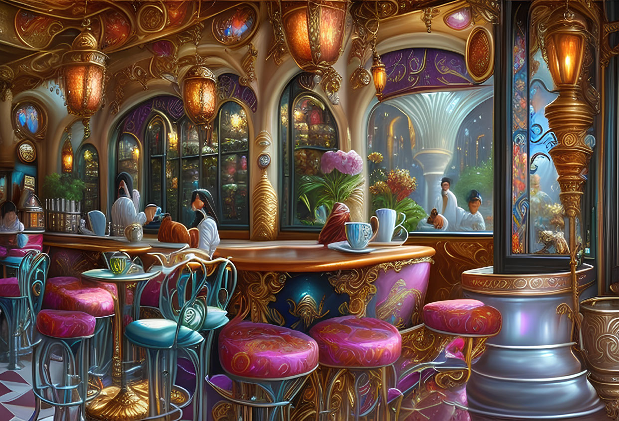 Elegant vintage-style café interior with purple seating and golden decor