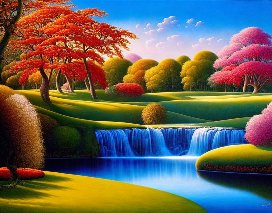 Colorful landscape with red and pink trees, waterfall, and blue river