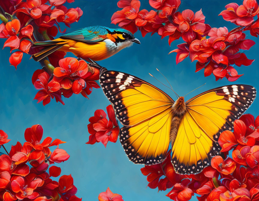 Colorful Bird and Butterfly with Red Flowers on Blue Background