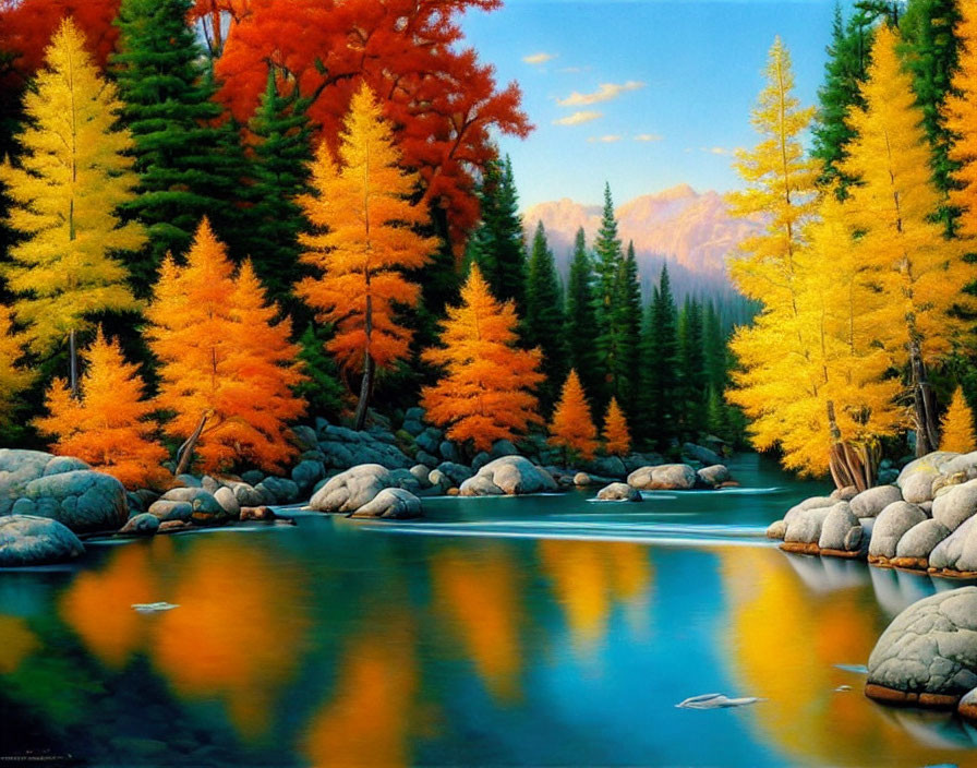 Tranquil river with autumn trees and rocky banks