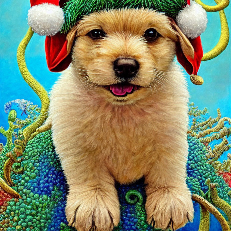 Fluffy golden puppy in Santa hat on vibrant background