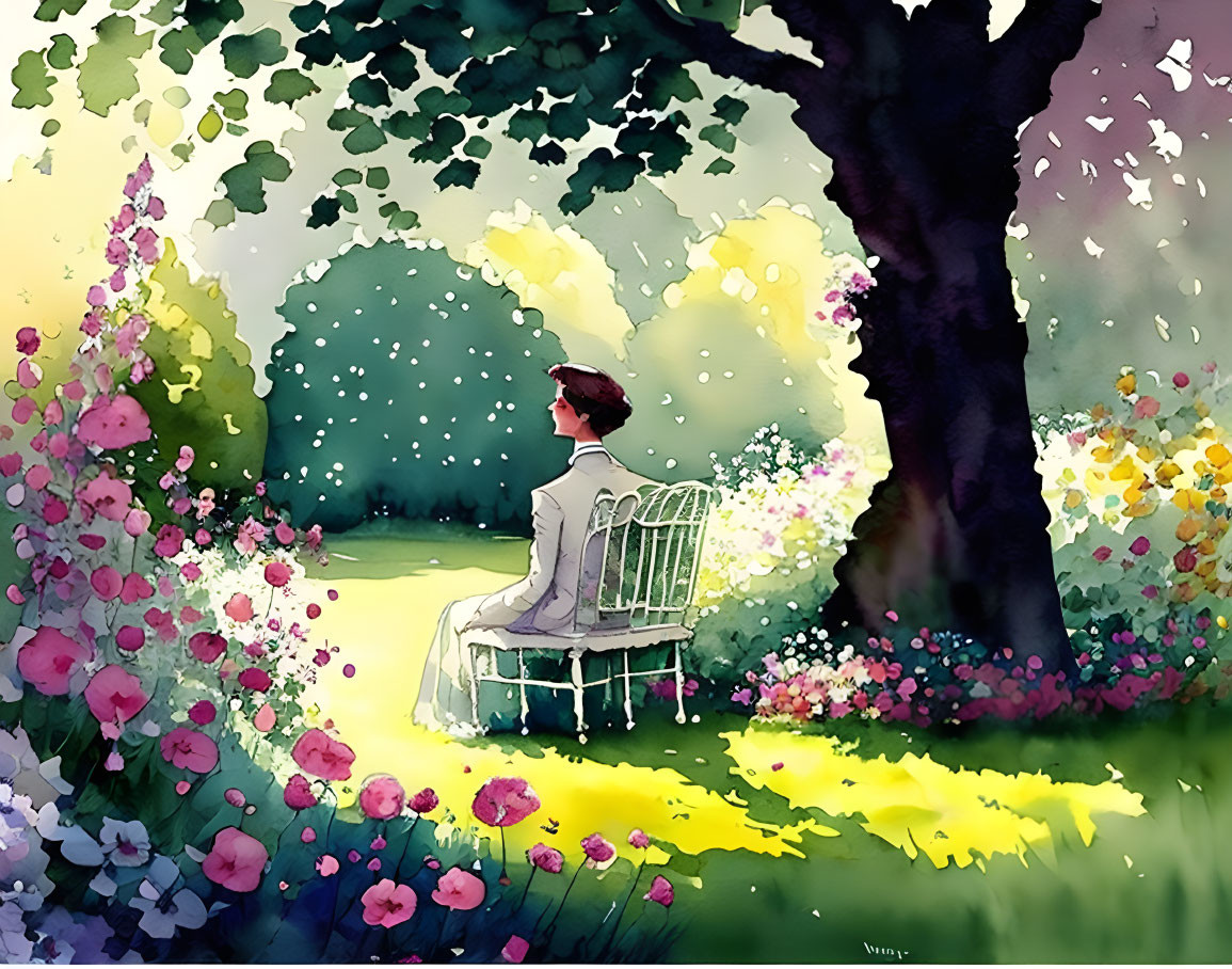 Person sitting on white bench in colorful garden with sunlight and petals.