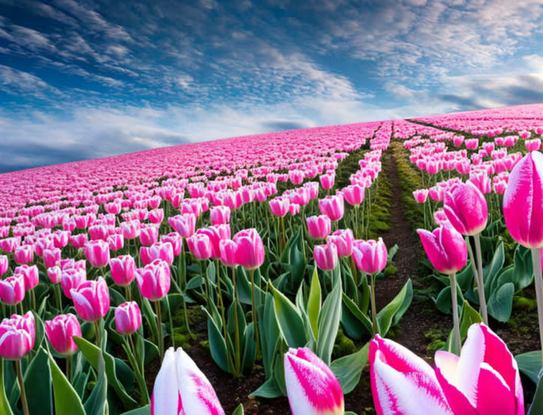 Pink Tulip Field Under Blue Sky with Path