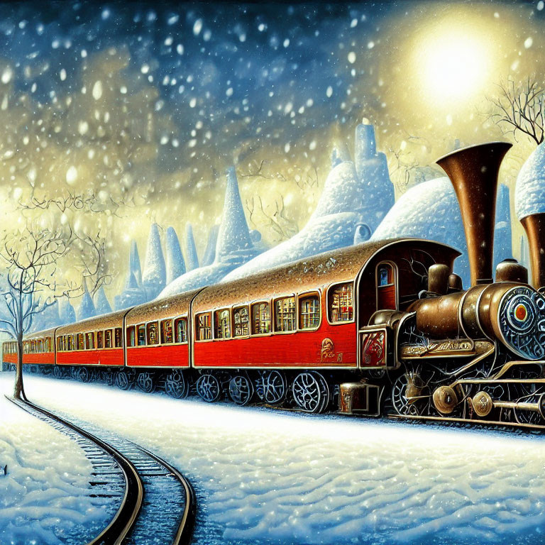 Vintage Red Train on Snow-Covered Tracks in Starry Night Sky