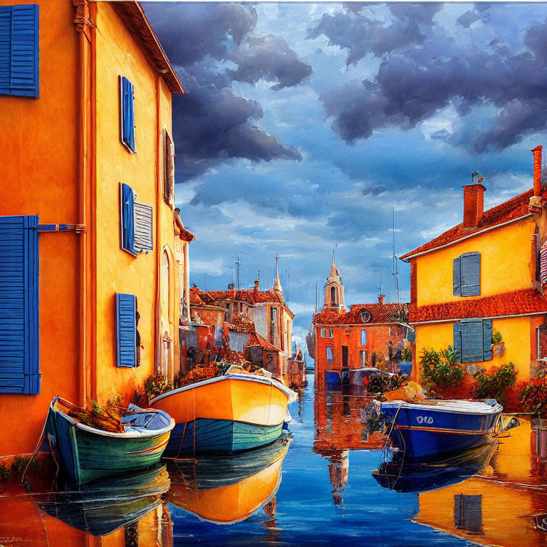 Vibrant canal-side village with boats under dramatic sky