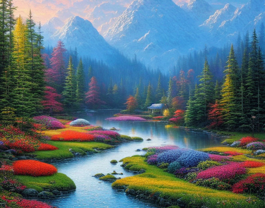 Colorful Floral Landscape with River, Cabin, and Misty Mountains