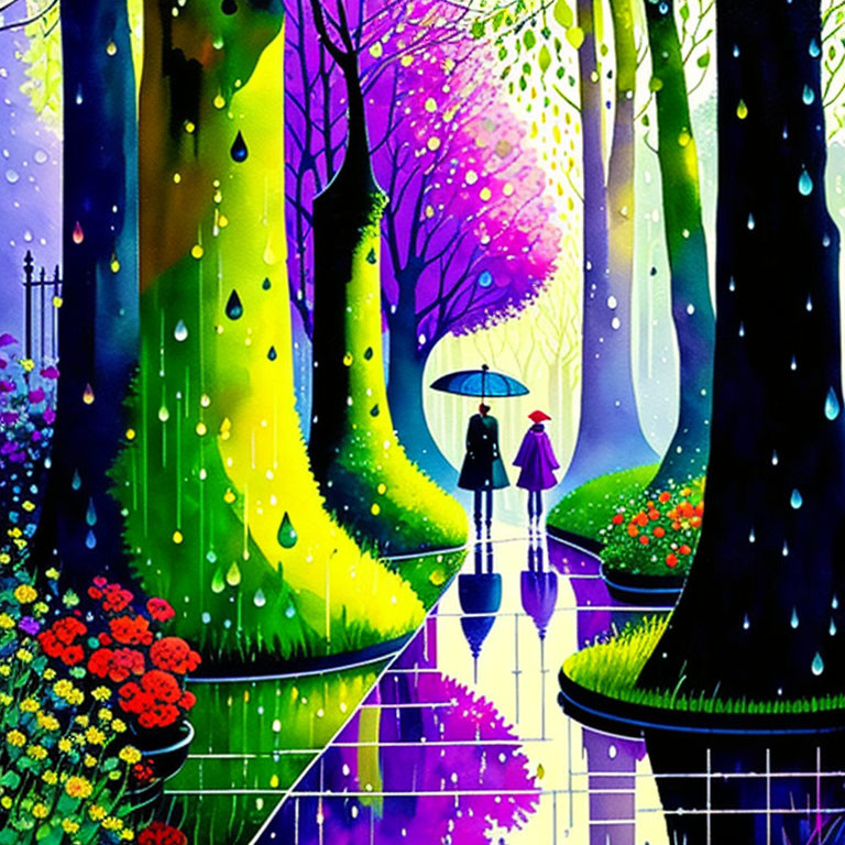 Colorful painting of couple under umbrella in whimsical forest